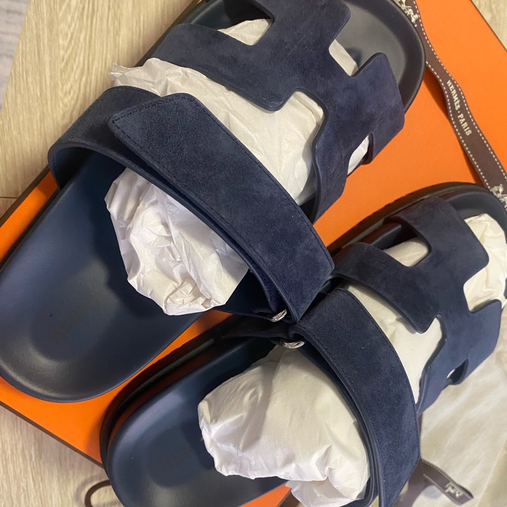 Hermes Navy Suede Oran Slide Sandals